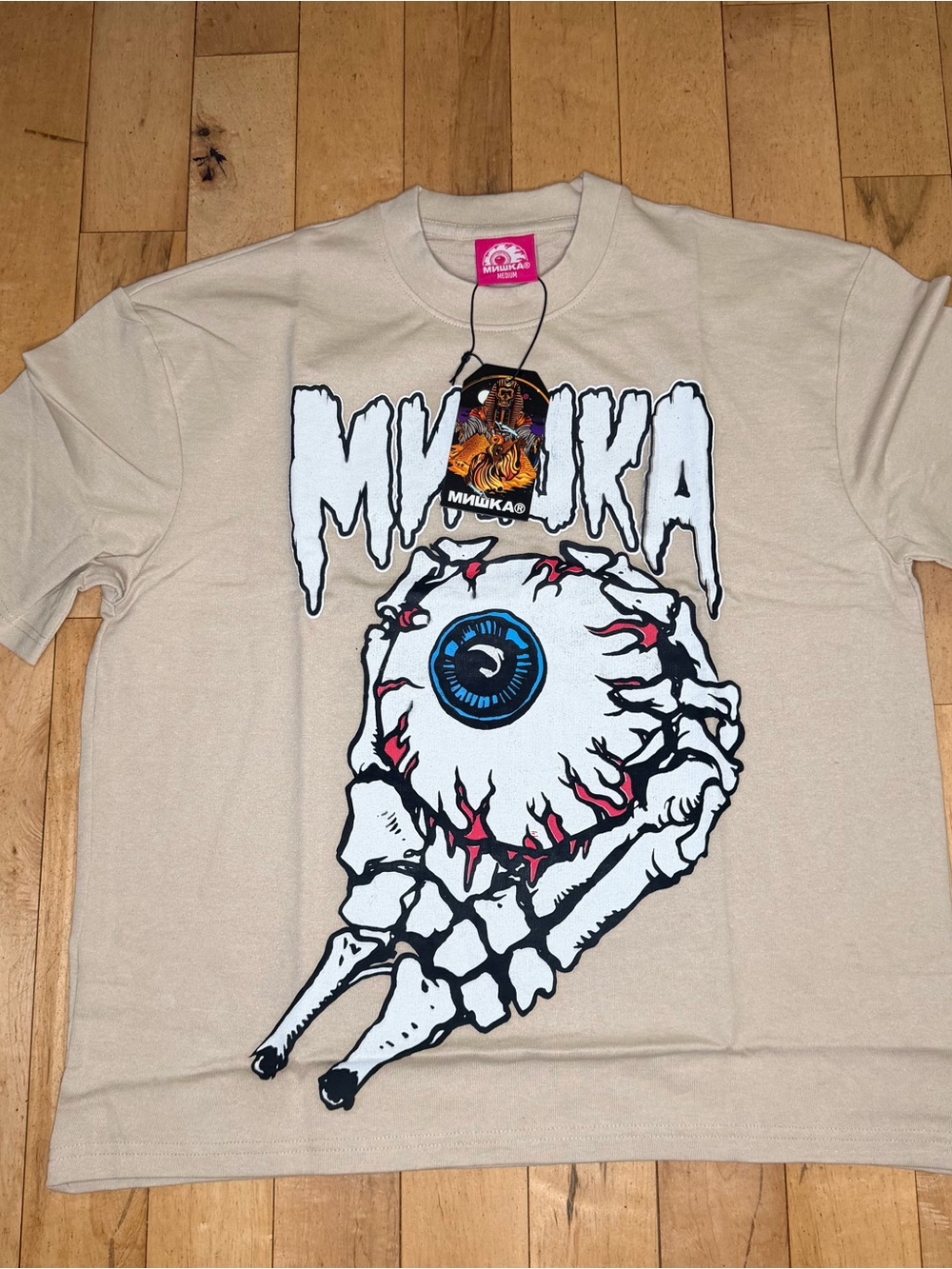 Mishka Keep Watch Eyeball Skeleton Hand Graphic Shirt Men Large Tan New S